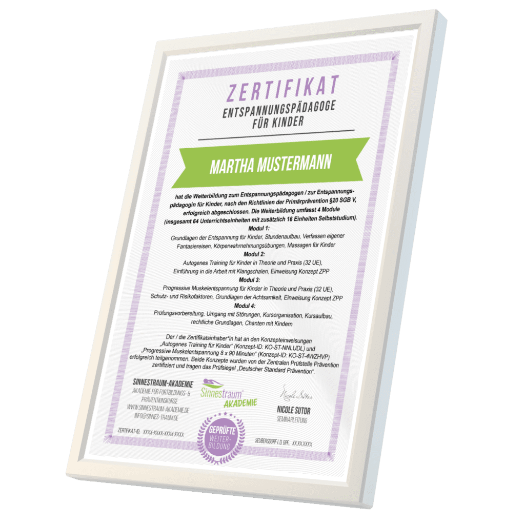 Zertifikat für obsolvierte Weiterbildung Entspannungspädagoge